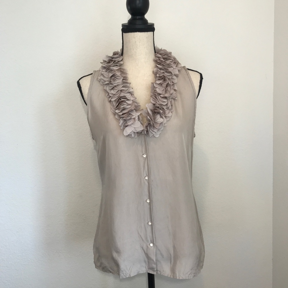 Ann Taylor 100% Silk Top With Ruffle Neck Design S